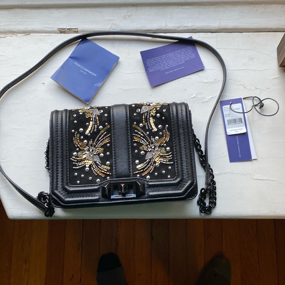 Rebecca Minkoff Small Love Crossbody in black with beading and rhinestone detail